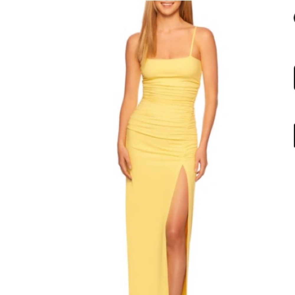 Susana Monaco Yellow Ruched Midi Dress with Side Slit